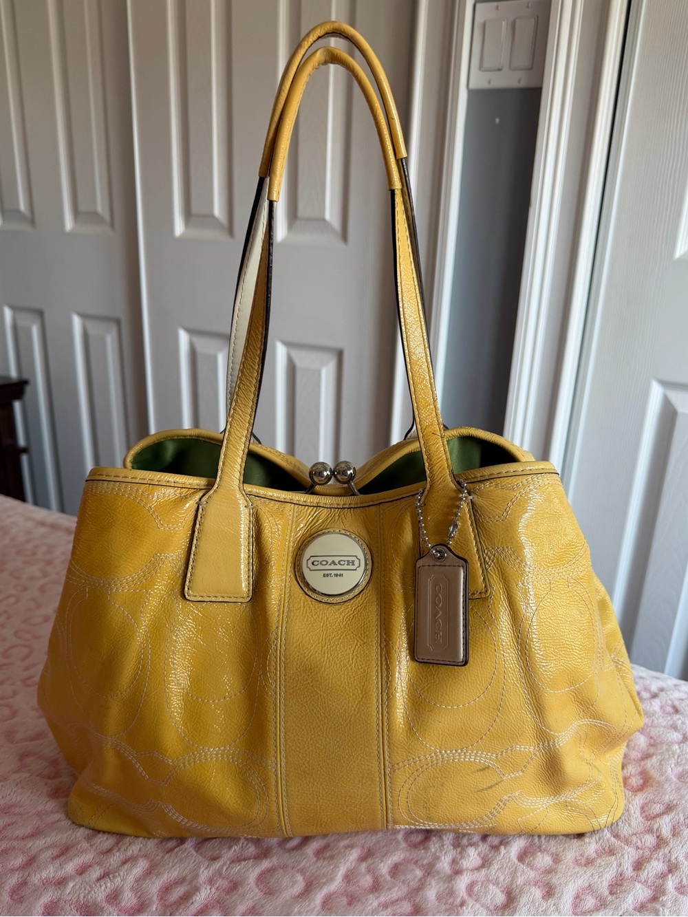Coach Signature Stitched Patent Leather Framed 
Shoulder Bag Yellow - Picture 3 of 10